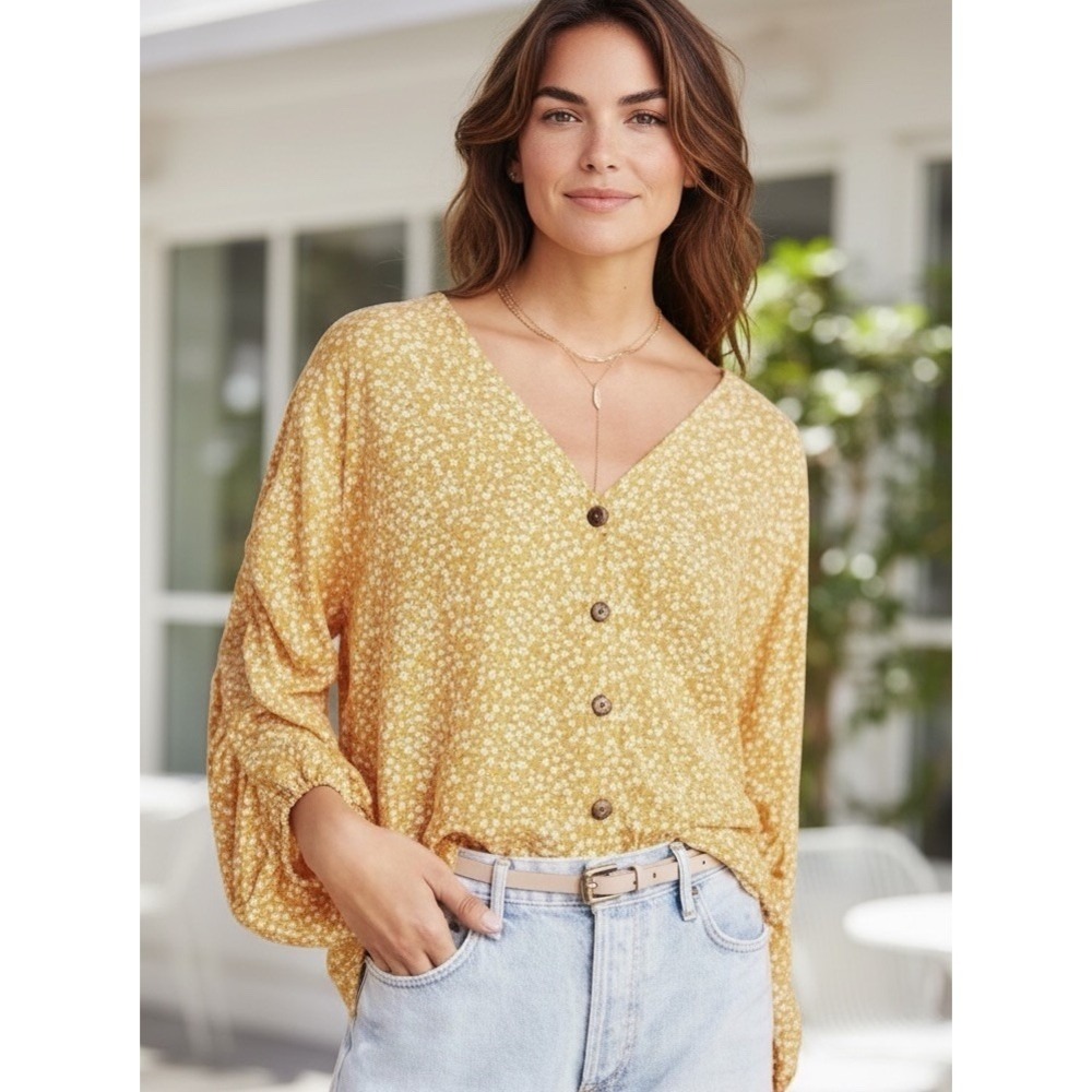 Anthropologie Yellow Floral Button-Front Tunic